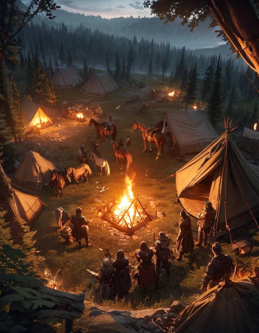 A steel cage box shaped covered by leather, surrounded by bandits, horse, campfire, middle of the forest, tent, bird view angle, dark fantasy, cinematic lighting, scenery
