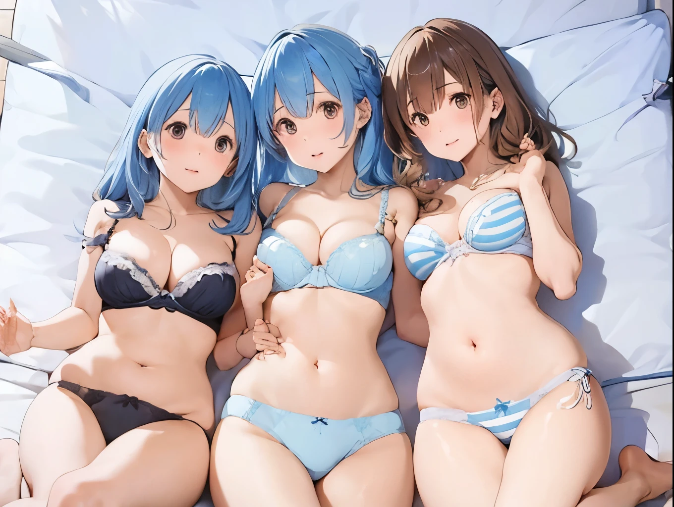 Three sisters embrace each other and climax、Three sisters take off their underwear and get naked、A cute frilly light blue bra、Light blue and white striped underwear、barefoot、Three people have lesbian play and reach orgasm