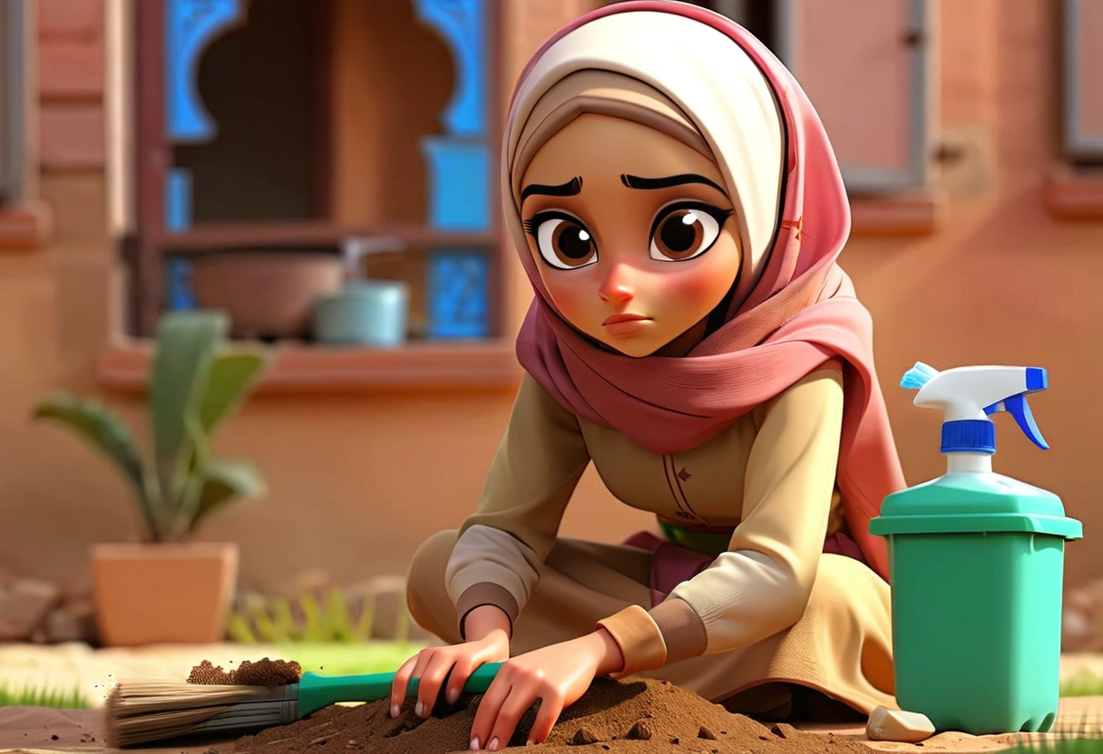 Kurdish woman in straight hijab cleaning the ground housekeeping sitting