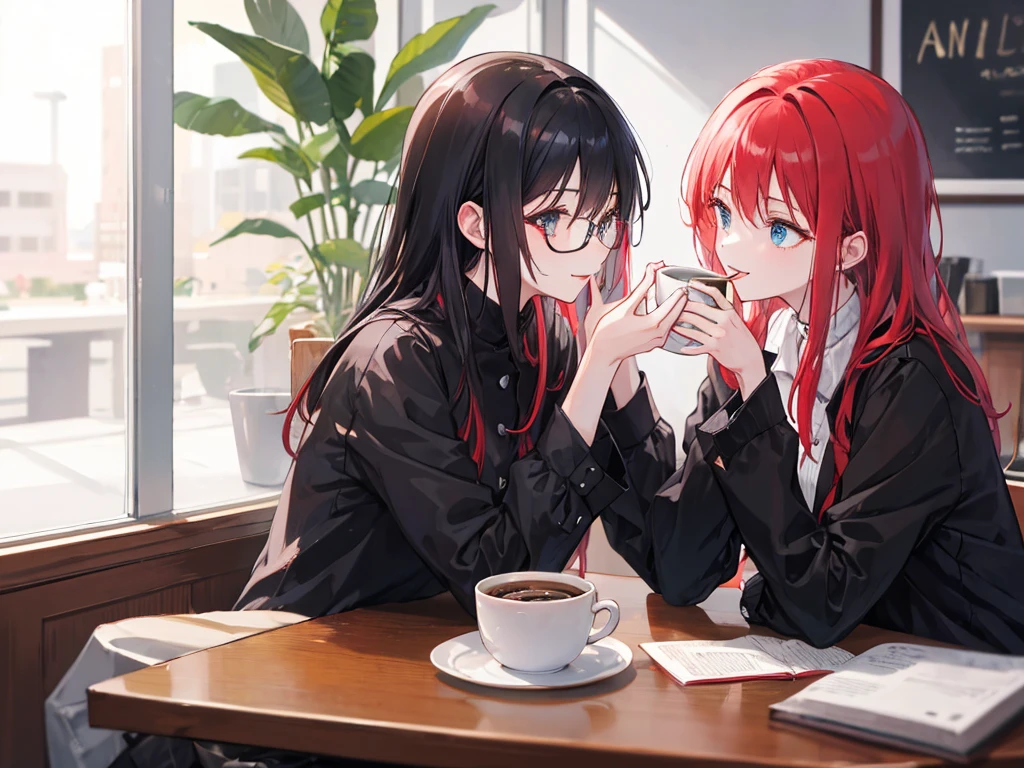A red-haired woman and a black-haired man wearing glasses are drinking coffee and talking happily while facing each other at a table, it&#39;s raining at night, 28 years old

