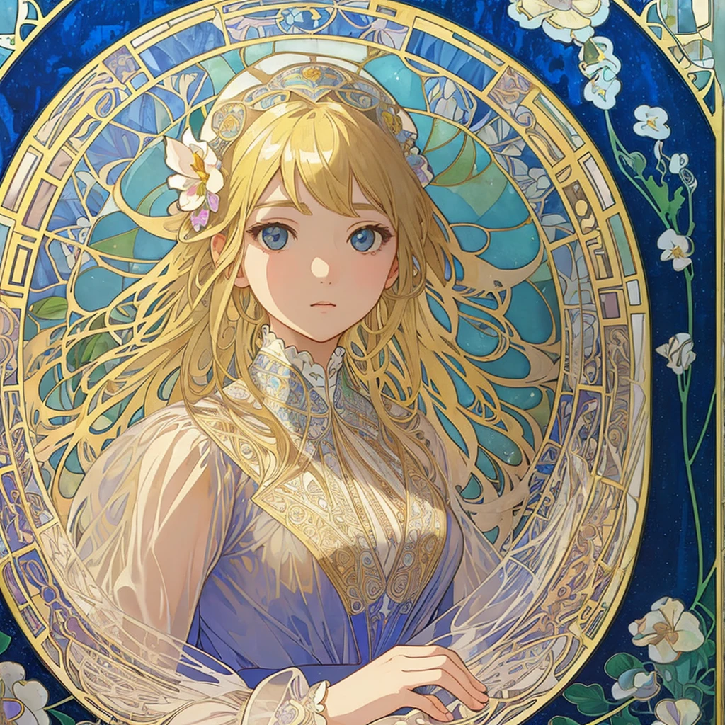 (((1 girl ))), masterpiece, highest quality, beautifully、aesthetic: 1.2, gem, Quality lace, Detailed frame, Flowers, water, A beautiful girl fits into the frame, (Alphonse Mucha Style), Transparent and beautiful stained glass background, blonde hair, bubbles, close up ,face