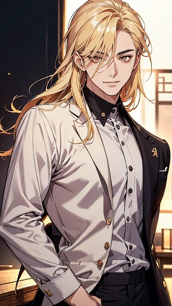 Japanese, Asian-looking face, golden eyes, young man, blonde, waxed hair, shoulder-length hair, gradient hair, dress shirt, branded clothing, upper body, smiling