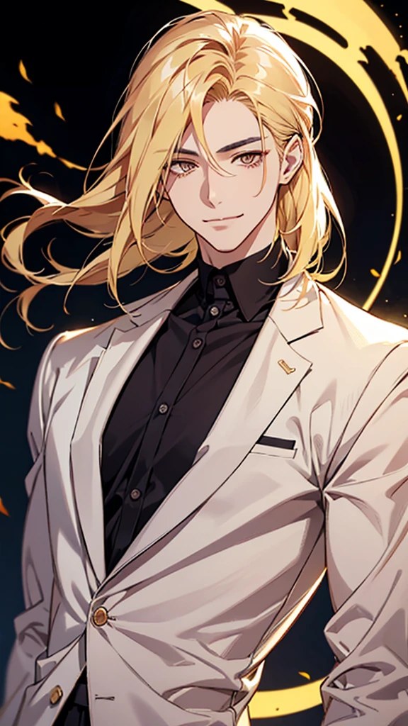 Japanese, Asian-looking face, golden eyes, young man, blonde, waxed hair, shoulder-length hair, gradient hair, dress shirt, branded clothing, upper body, smiling