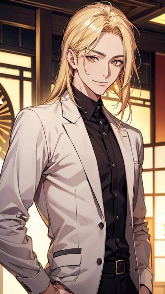 Japanese, Asian-looking face, golden eyes, young man, blonde, waxed hair, shoulder-length hair, gradient hair, dress shirt, branded clothing, upper body, smiling