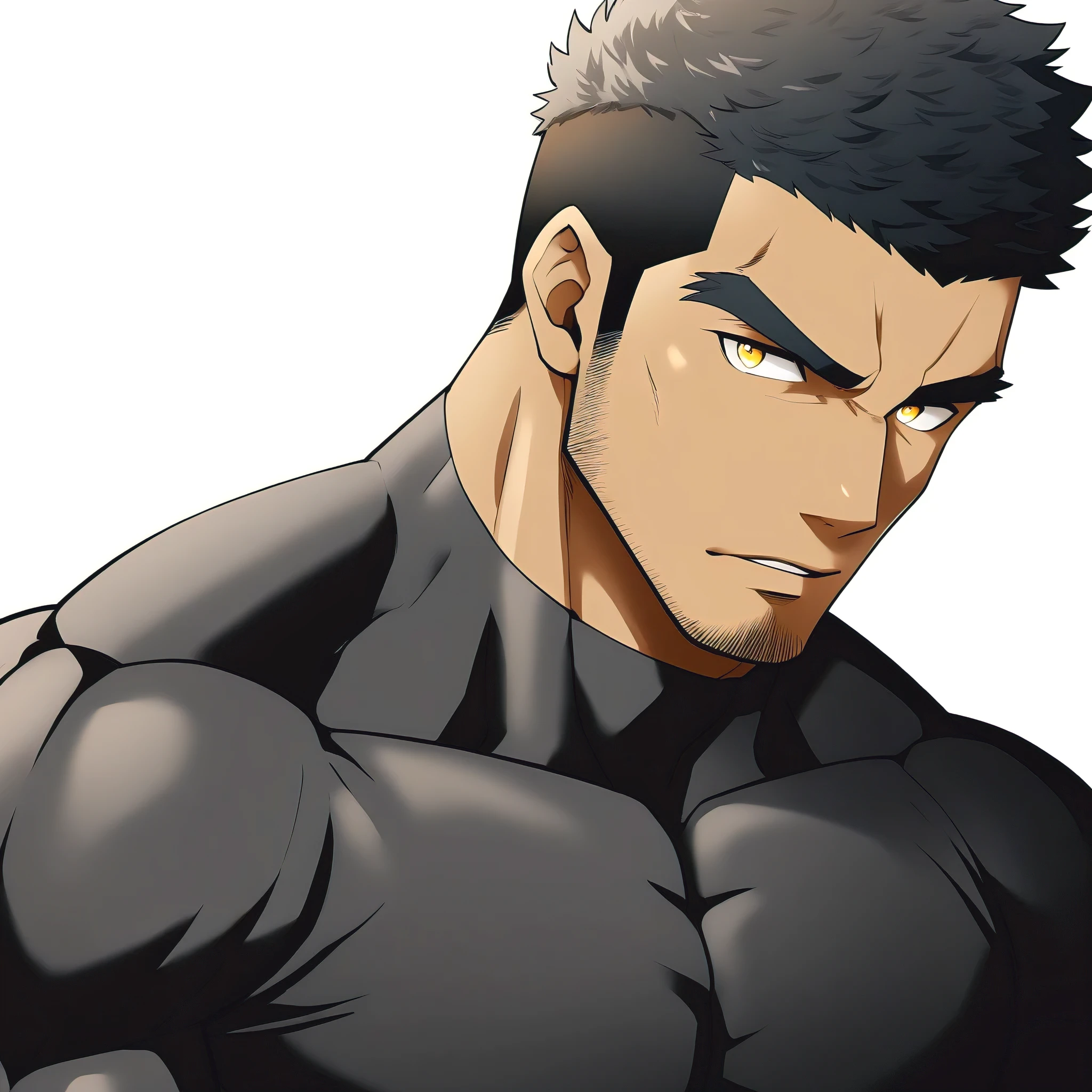 one negro, anime characters：Gyee, Hibino Kafka, Muscle Sports Student, negro black skin, Very Black, 1 muscular tough guy, Manliness, male focus, Dark grey turtleneck tight T-shirt,  Regular symmetrical pattern, Very tight, The pectoral muscles are oversized, muscular male, muscular, only, Upper body, alone, Black short hair, Thick eyebrows, stubble, Yellow eyes, White background, simple background, amazing quality, best aesthetics, Ridiculous, bright pupils, crew cut, parted lips, seductive smile, torogao, naughty face, best quality