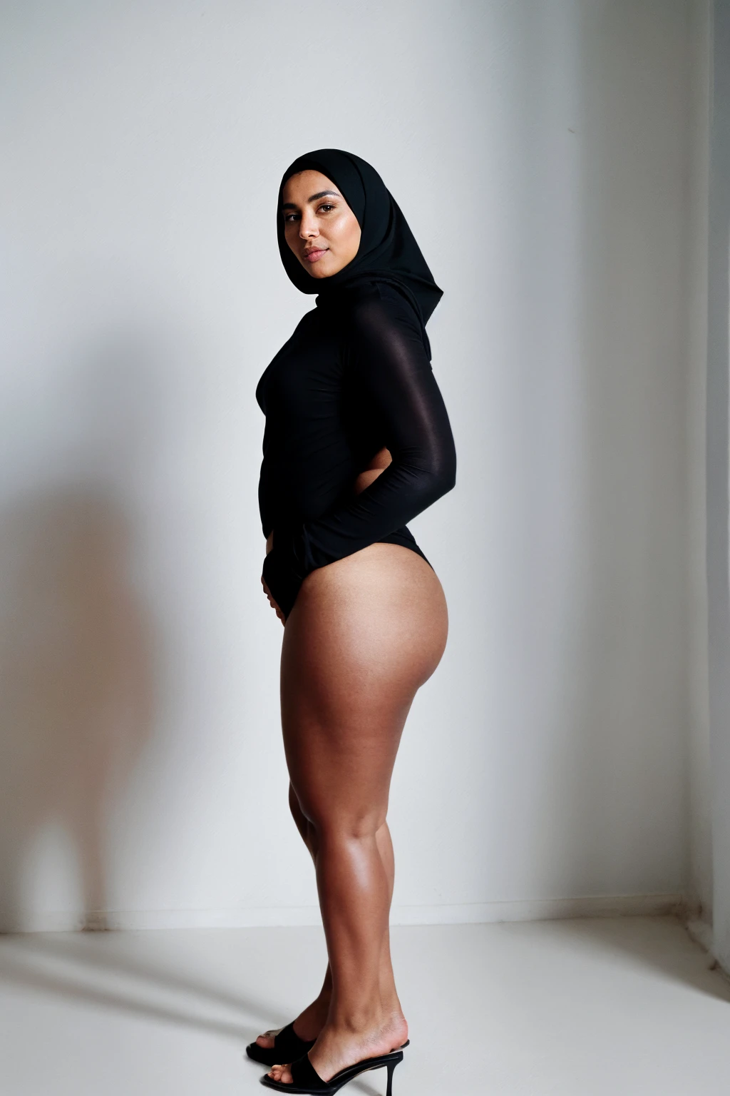 RAW photo,candid photograph, full body,photo of a beautiful,modern,25yo Moroccan woman,black hijab, detailed skin, naked, looking at viewer, chubby body structure,white background,no background, candid pose,blue light, film grain, kodak color, instagram LUT