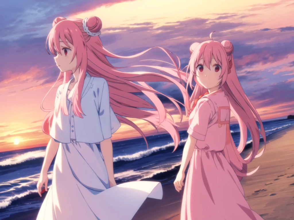 Sato, hair bun, long hair, pink hair, red eyes, cold wind, white dress, long dress, summer dress, pleasure, coast, sunset, wave hill, breastbone, I'm happy, necklace