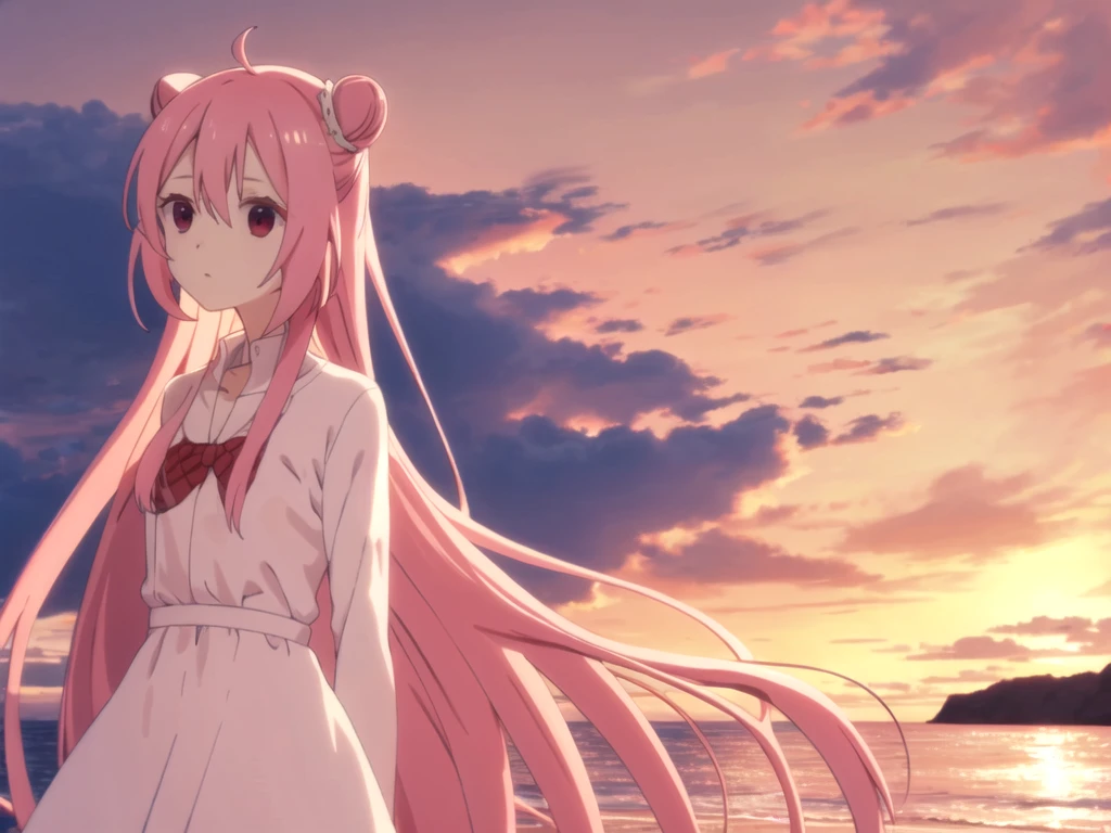 Sato, hair bun, long hair, pink hair, red eyes, cold wind, white dress, long dress, summer dress, pleasure, coast, sunset, wave hill, breastbone, I&#39;m happy, necklace
