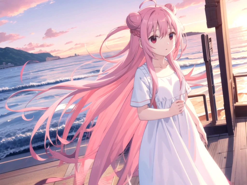 Sato, hair bun, long hair, pink hair, red eyes, cold wind, white dress, long dress, summer dress, pleasure, coast, sunset, wave hill, breastbone, I'm happy, necklace