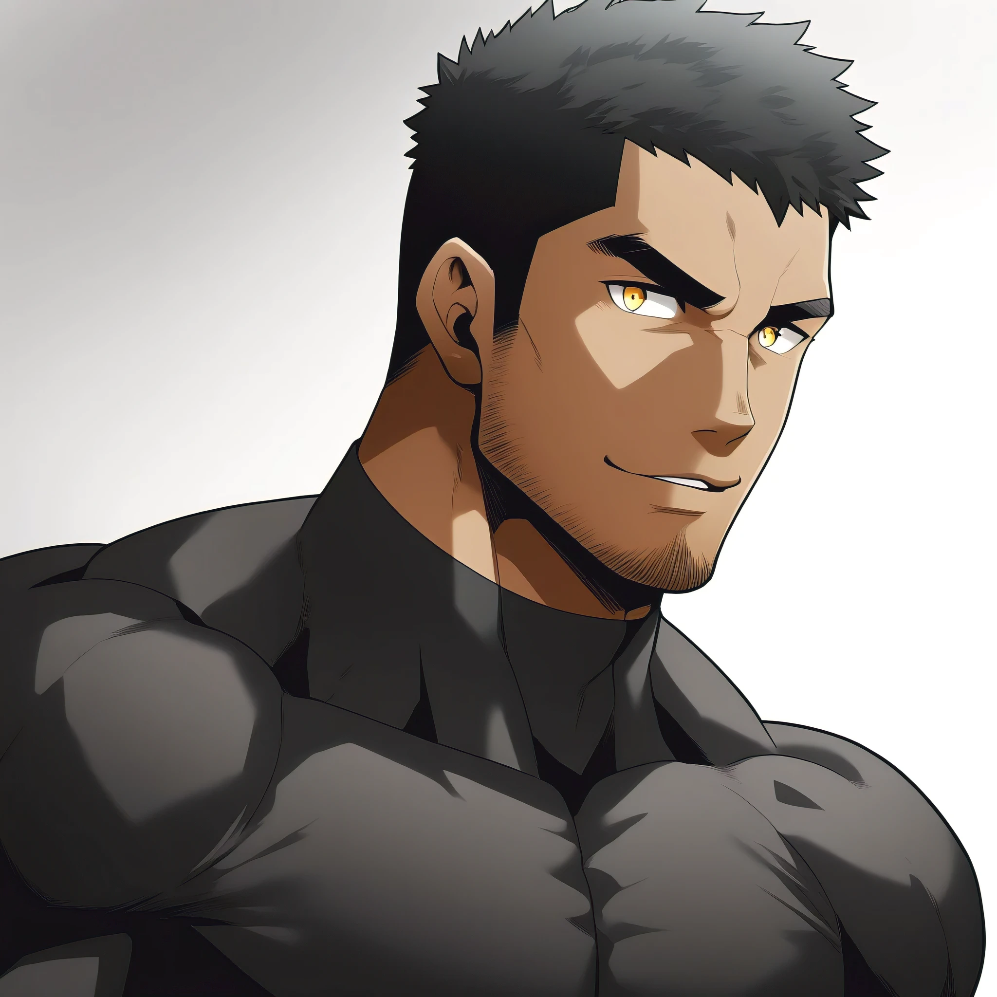 one negro, anime characters：Gyee, Hibino Kafka, Muscle Sports Student, ????? black skin, Very Black, muscular tough guy, Manliness, male focus, Dark grey turtleneck tight T-shirt, Regular symmetrical pattern, Very tight, muscular male, muscular, only, Upper body, alone, Black short hair, Thick eyebrows, stubble, Yellow eyes, White background, simple background, amazing quality, best aesthetics, Ridiculous, bright pupils, crew cut, parted lips, seductive smile, torogao, naughty face, best quality