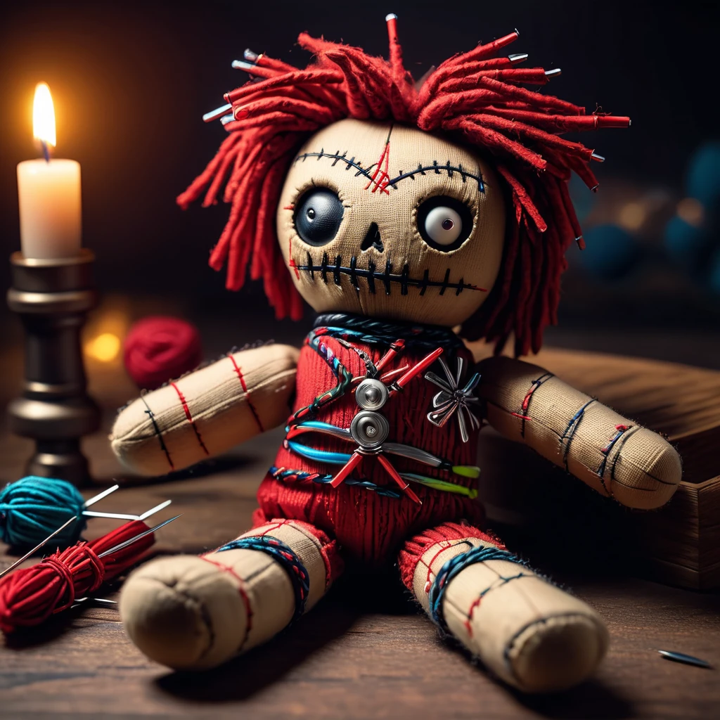 (knitted toy voodoo doll:1.8), (needles stuck into Voodoo:1.9), best quality, masterpiece, soft oil painting, detailed background, dramatic cinematic lighting, soft edge lighting, professional, dramatic lighting, hard edge lighting, ultra quality, 4k, masterpiece, best quality, 8k, super high definition, high de