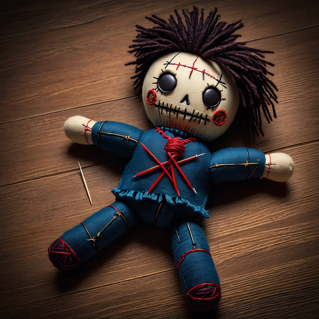 (knitted toy voodoo doll:1.8), (needles stuck into Voodoo:1.9), best quality, masterpiece, soft oil painting, detailed background, dramatic cinematic lighting, soft edge lighting, professional, dramatic lighting, hard edge lighting, ultra quality, 4k, masterpiece, best quality, 8k, super high definition, high de