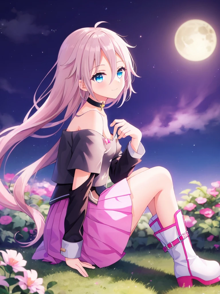 one girl, IA, vocaloid, skirt, black shirt, off shoulder, choker, beauty, girl from other planet, happy, mysterious girl, face focus, boots, sitting on garden, full body, hold knee, from side, gaze at sky, night sky