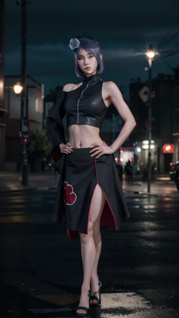 1girl,solo,konan \(naruto\),(full body),((akatsuki outfit), bare shoulder, crop top, skirt),narrow waist,looking at viewer,masterpiece,best quality,absurdres,highly detailed,photo realistic,best shadow,dramatic lighting,depth of field,outdoors,rain,city,night, standing, hands on hip