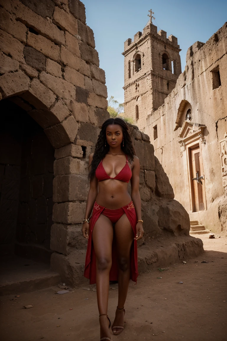A striking Ethiopian influencer posing in front of the rock-cut churches of Lalibela, su largo, cabello oscuro adornado con trenzas y cuentas tradicionales, wearing a skin-tight red habesha kemis with a plunging neckline and matching high-heeled sandals, adding a touch of appeal to the cultural richness of Ethiopia's religious heritage. Cuerpo ajustado. Copa F. escote. cara perfecta. Dedos perfectos. mano perfecta. piernas perfectas. pies perfectos. Capture the essence of the Ethiopian look and feel..