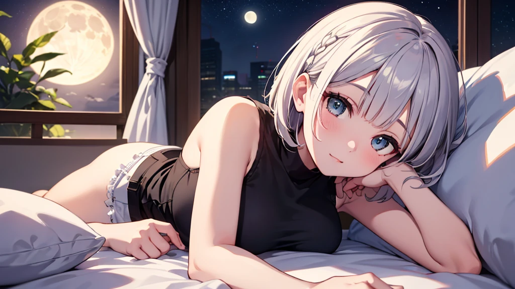 Ultra-high resolution,masterpiece, Attention to detail, Highest quality, 4K,(Silver braided short bob),(well endowed,Captivating body、Ultra-detailed skin、Beautiful eyes、Detailed Background),1 girl、(lie face down, sleeping,Lying down)、bed、night、I can see the moon from the window、