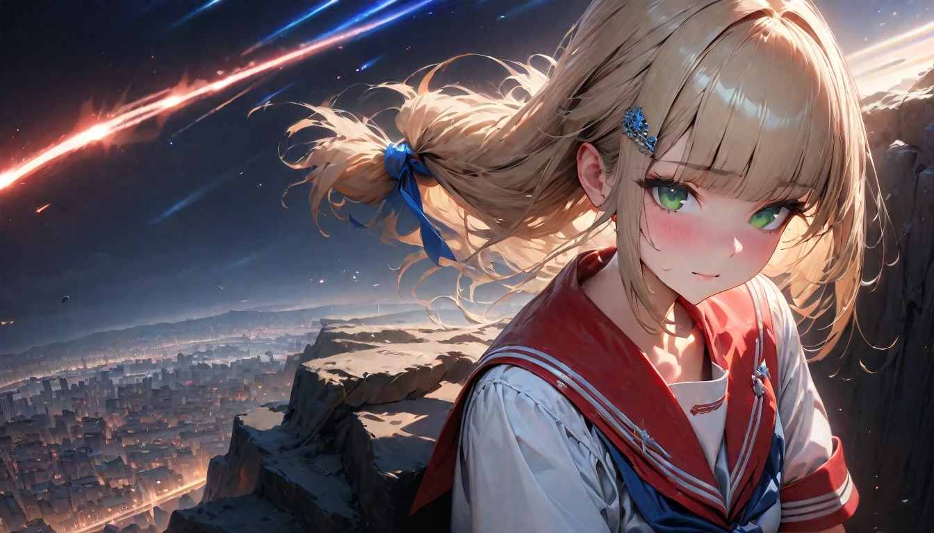 (((masterpiece: 1.5, best quality, high resolution: 1.3, super resolution, super detailed, ultra detailed:1.3, rich background:1.2))), ((close up)), 1girl, solo, green eyes, blonde long hair tied with blue ribbon, blunt bangs, cute hairpin, , white serafuku, red sailor collar, short sleeves, blue pleated skirt, (outdoor), ((sitting on the edge of cliff)), (on top of hill), ((city scenery behind: 1.3)), scenery, ((nighttime)), dark, (lowlight: 1.1), moon, (moonlight: 1.2), ((dynamic light: 1.4)), sky (falling meteors: 1.5)
