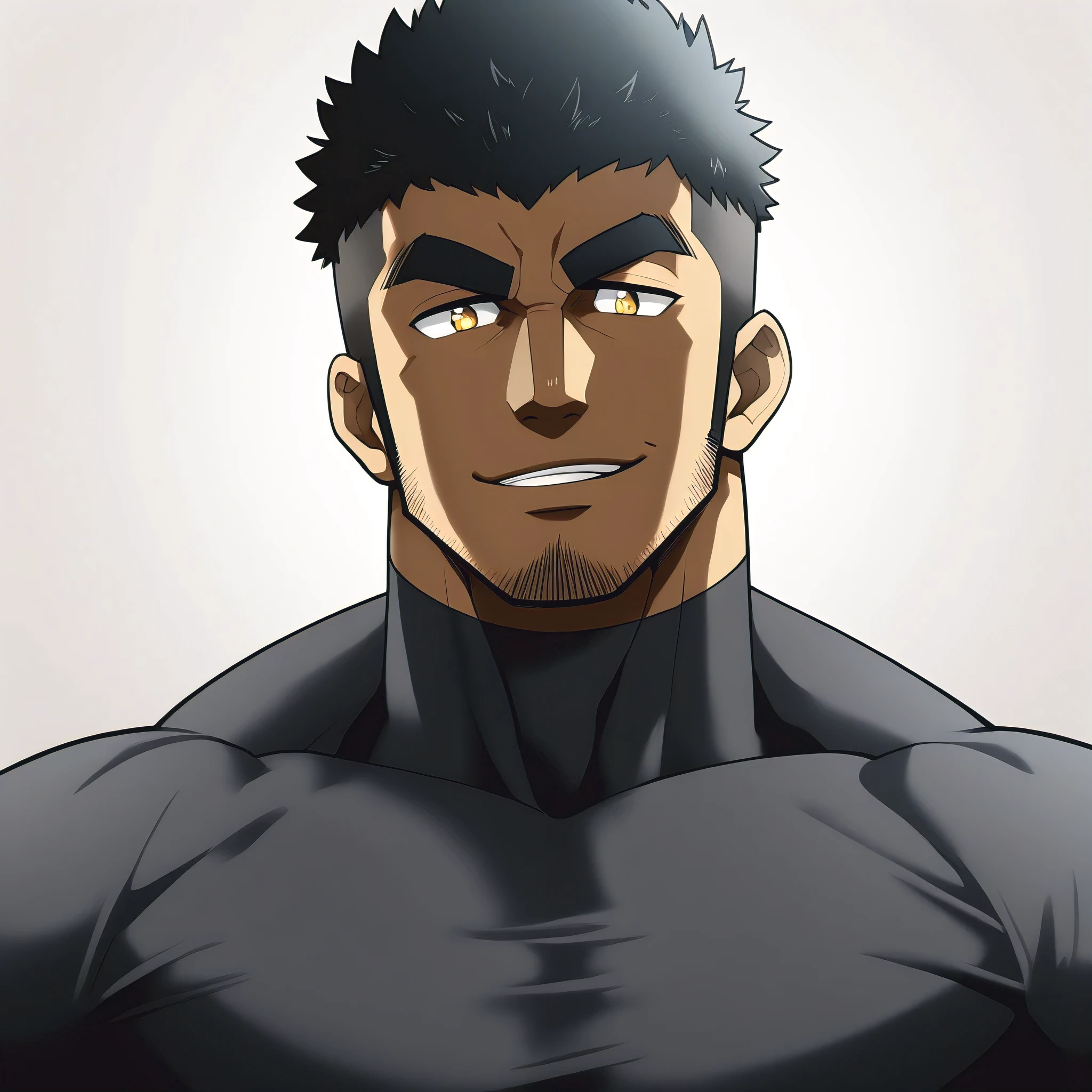 one negro, anime characters：Gyee, Hibino Kafka, Muscle Sports Student, negro black skin, Very Black, muscular tough guy, Manliness, male focus, Dark grey turtleneck tight T-shirt, Regular symmetrical pattern, Very tight, muscular male, muscular, only, Upper body, alone, Black short hair, Thick eyebrows, stubble, Yellow eyes, White background, simple background, amazing quality, best aesthetics, Ridiculous, bright pupils, crew cut, parted lips, seductive smile, torogao, naughty face, best quality