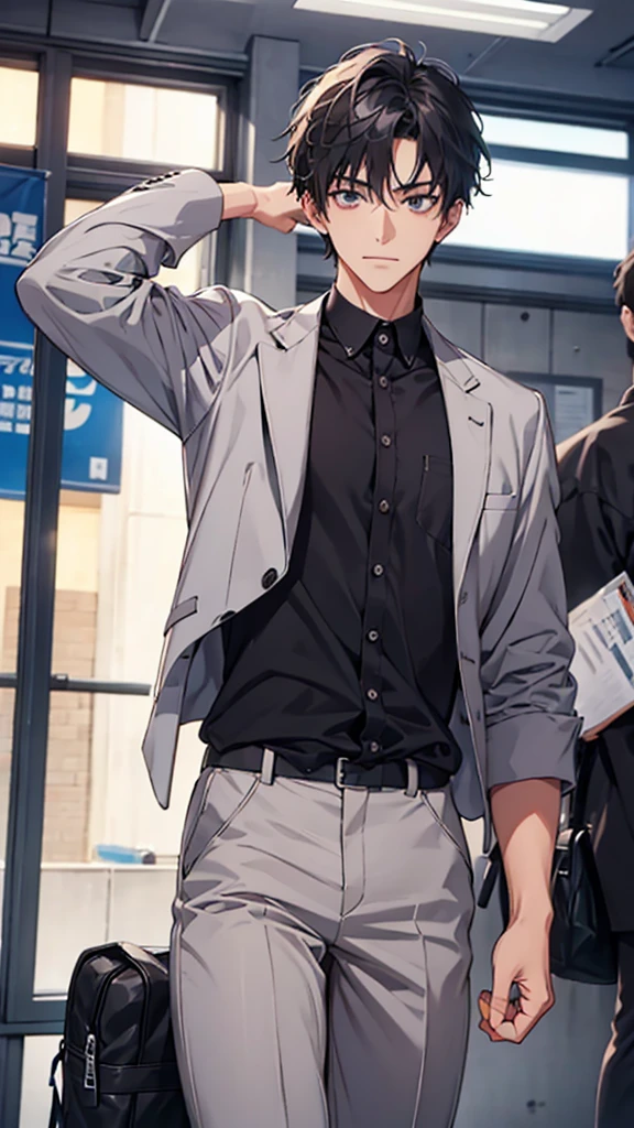 high school student、Grey Shirt、male、3/4 sleeves、Clothes with buttons