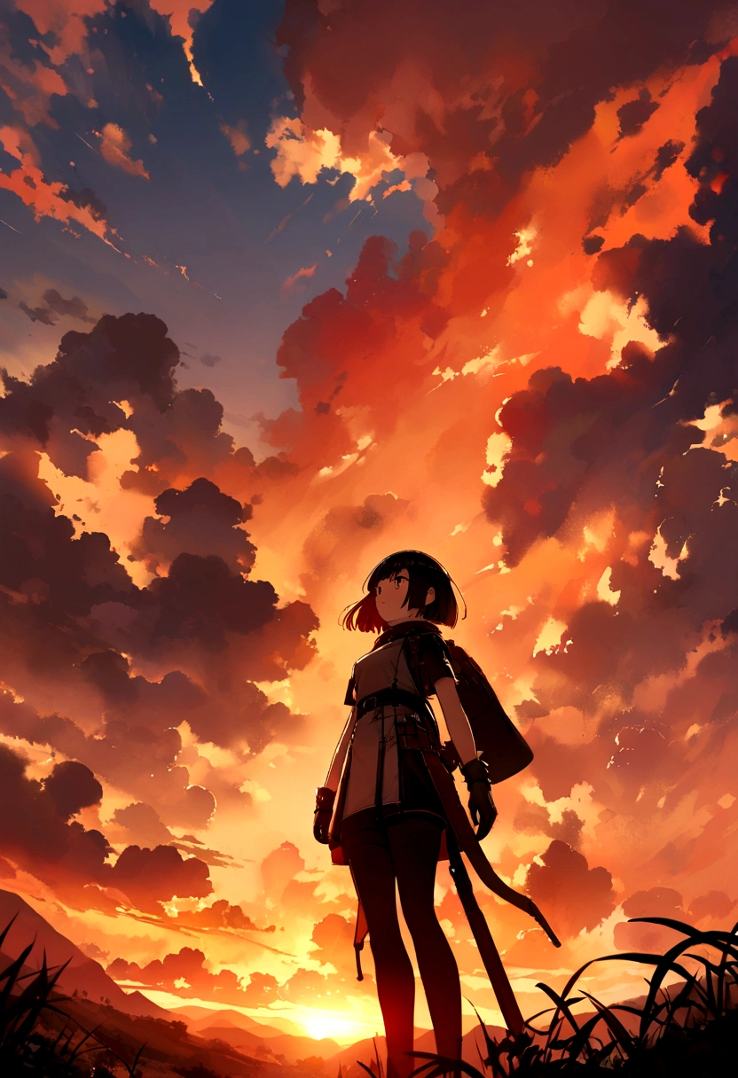 cloud, cloudy_sky, dusk, evening, fire, gloves, gradient_sky, orange_sky, outdoors, scenery, science_fiction, sky, sunset, twilight, from_below, bobcut,one girls