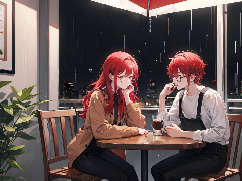 A red-haired woman and a man with glasses are drinking coffee and talking happily at night and it is raining, 28 years old