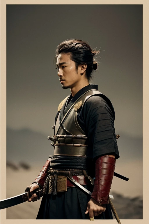 image of a young samurai ronin: brave, masterful swordsmanship. He's standing on the horizon, ready for battle, piercing gaze and powerful figure express his readiness for protection and honor. The shine of the moon is reflected on his helmet, symbolizing his unwavering devotion and discipline. His posture is reminiscent of his formidable prowess in battle, willingness to shed blood for the sake of his code of honor
