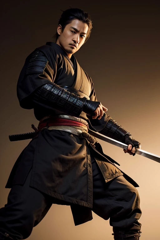 image of a young samurai ronin: brave, masterful swordsmanship. He's standing on the horizon, ready for battle, piercing gaze and powerful figure express his readiness for protection and honor. The shine of the moon is reflected on his helmet, symbolizing his unwavering devotion and discipline. His posture is reminiscent of his formidable prowess in battle, willingness to shed blood for the sake of his code of honor