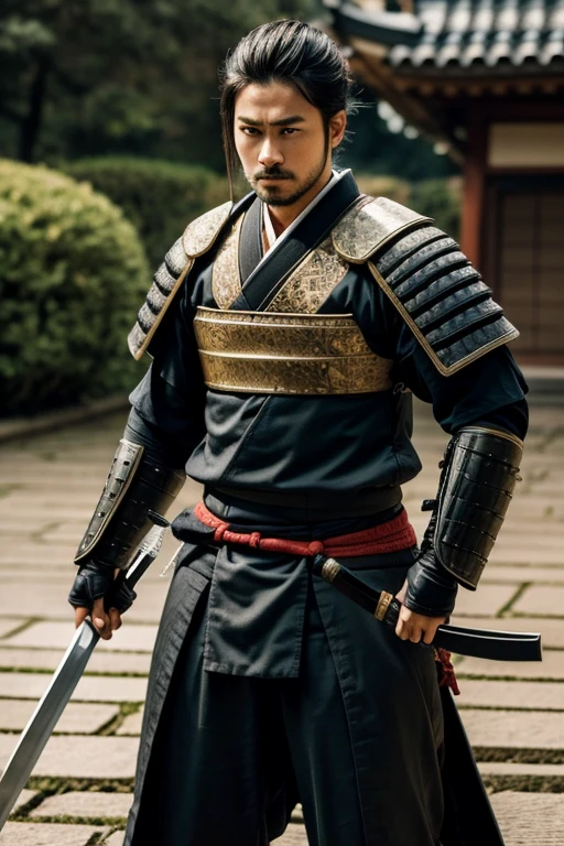 image of a young samurai ronin: brave, masterful swordsmanship. He&#39;s standing on the horizon, ready for battle, piercing gaze and powerful figure express his readiness for protection and honor. The shine of the moon is reflected on his helmet, symbolizing his unwavering devotion and discipline. His posture is reminiscent of his formidable prowess in battle, willingness to shed blood for the sake of his code of honor