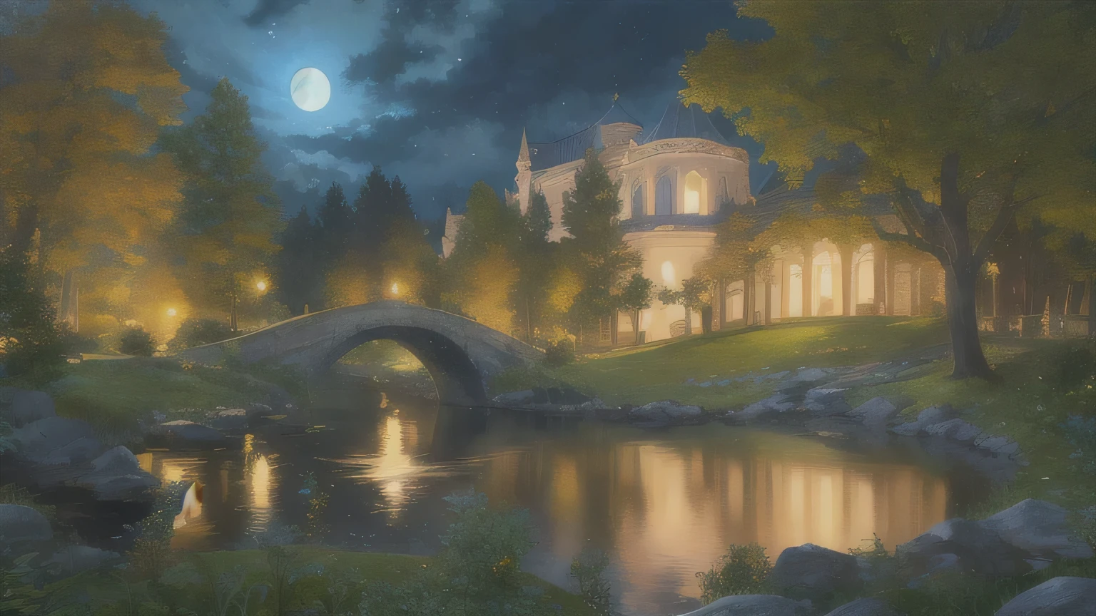 (masterpiece:1.2, Highest quality), (Super detailed), (figure), (Ultra-high resolution), (delicate figure), (Super detailedな), (Super detailed:1.3), Professional lighting, Cinema Lighting, (Nostalgia and peace:1.3), Professional (Landscape painting) Nature, moonlight, Moonlight reflected in the leaves, (Dark Clouds, Dark Night, full moon, Dim lighting)