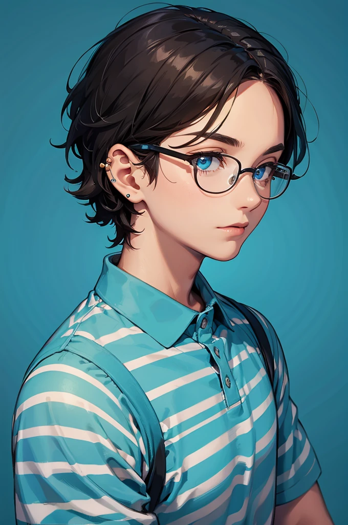 Boy, charming, Black hair with brown highlight, blue Aqua eyes, Wears Blue and white stripe polo shirt,wears Circle shape Glasses,black pierce on his left ear, flat green background