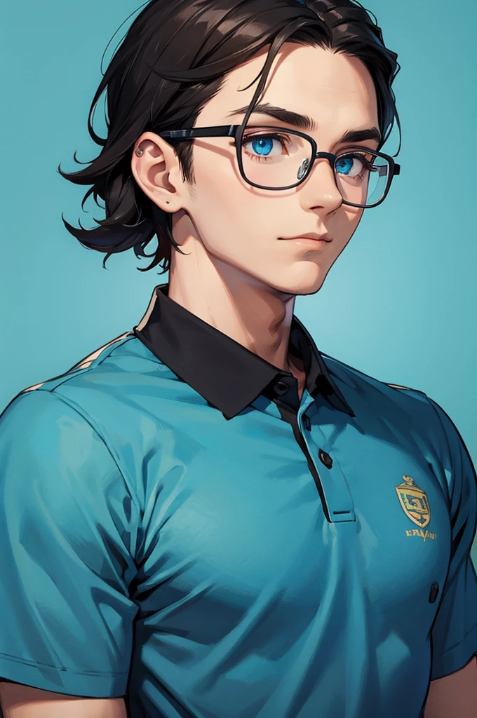 Boy, charming, Black hair with brown highlight, blue Aqua eyes, Wears Blue and white stripe polo shirt,wears Circle shape Glasses,black pierce on his left ear, flat green background