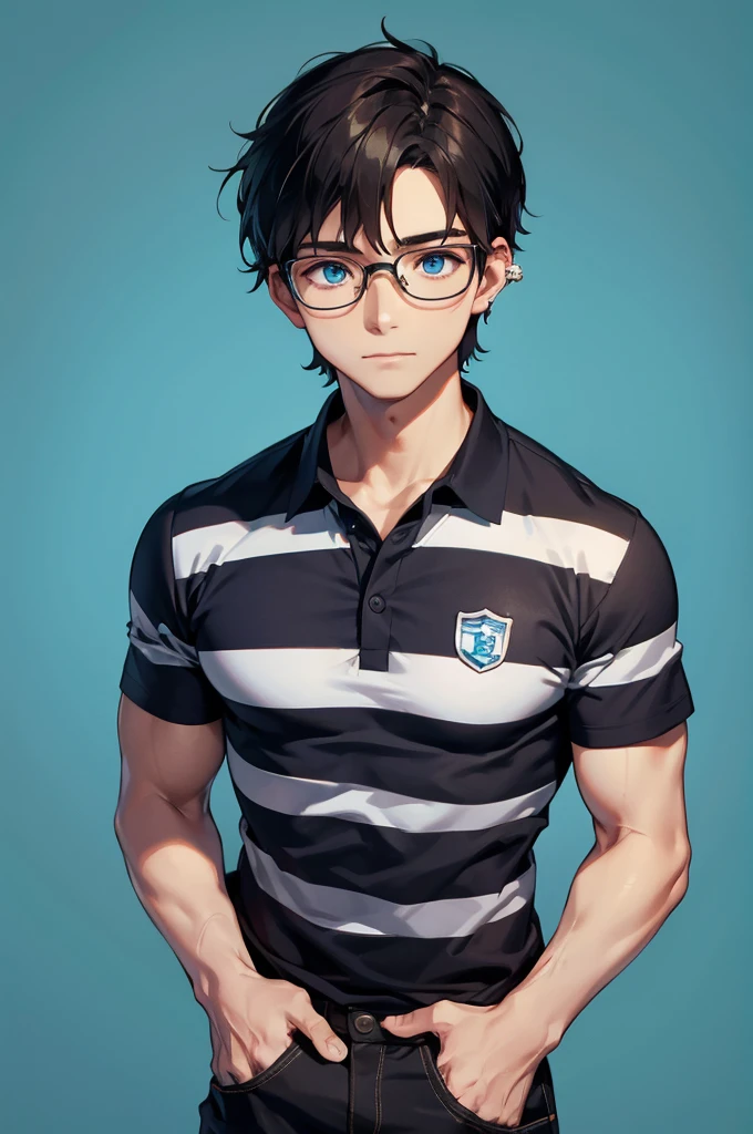 Boy, charming, Black hair with brown highlight, blue Aqua eyes, Wears Blue and white stripe polo shirt,wears Circle shape Glasses,black pierce on his left ear, flat green background