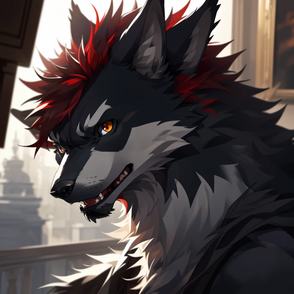a handsome furry wolf, solo portrait, highly detailed, intricate fur texture, striking gaze, dramatic lighting, rich colors, 8k, photorealistic, award winning digital art