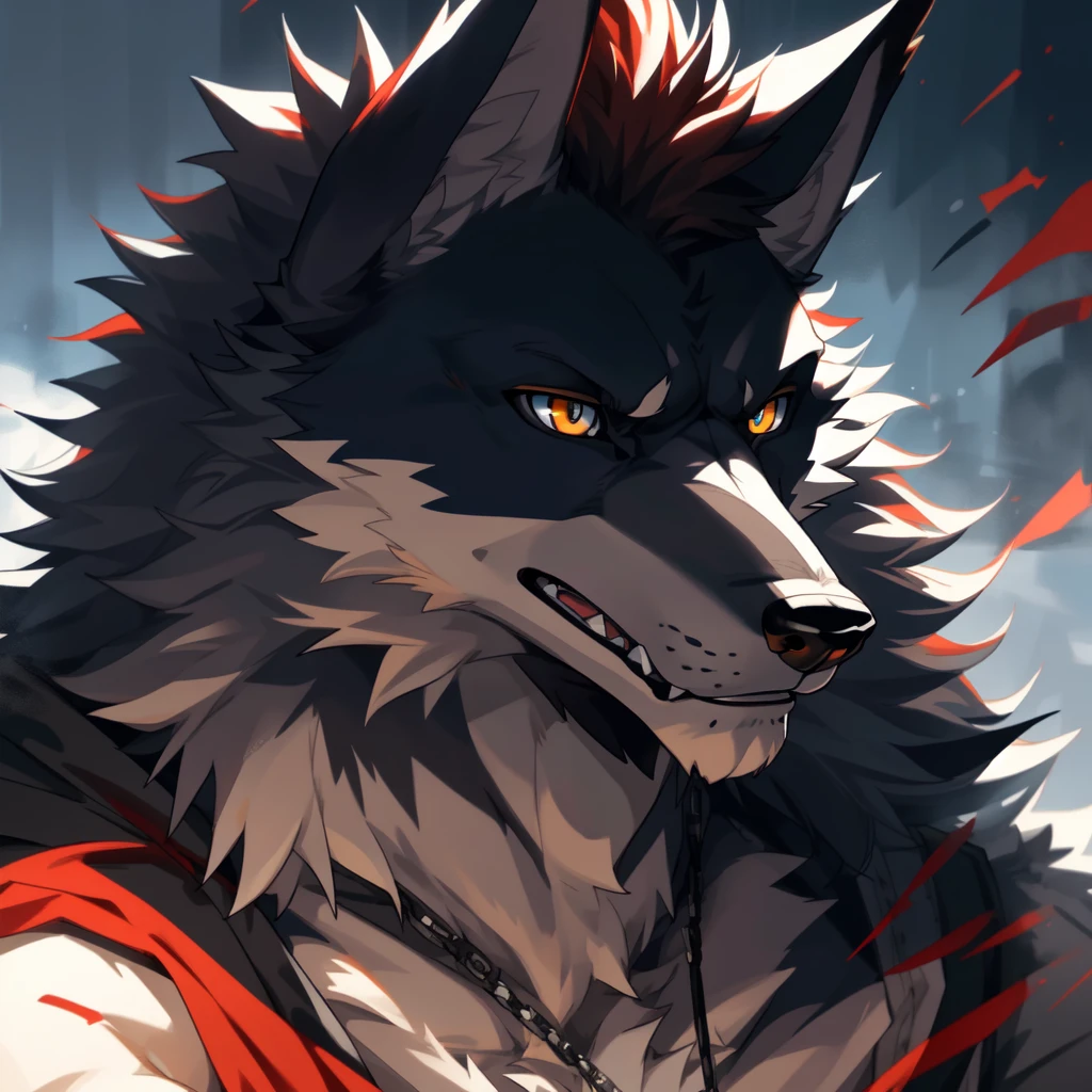 a handsome furry wolf, solo portrait, highly detailed, intricate fur texture, striking gaze, dramatic lighting, rich colors, 8k, photorealistic, award winning digital art