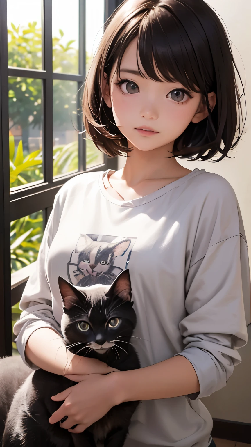 Highest quality、masterpiece、Ultra-high resolution、Girl playing with cat、************:1.37,Baby Face、 Brown Hair、Shortcuts、Short Bob、Gray eyes、Small breasts、White T-shirt、gray sweatshirt、 Three-haired cat、Amazing cat、Realistic、Natural light、Children&#39;s room、