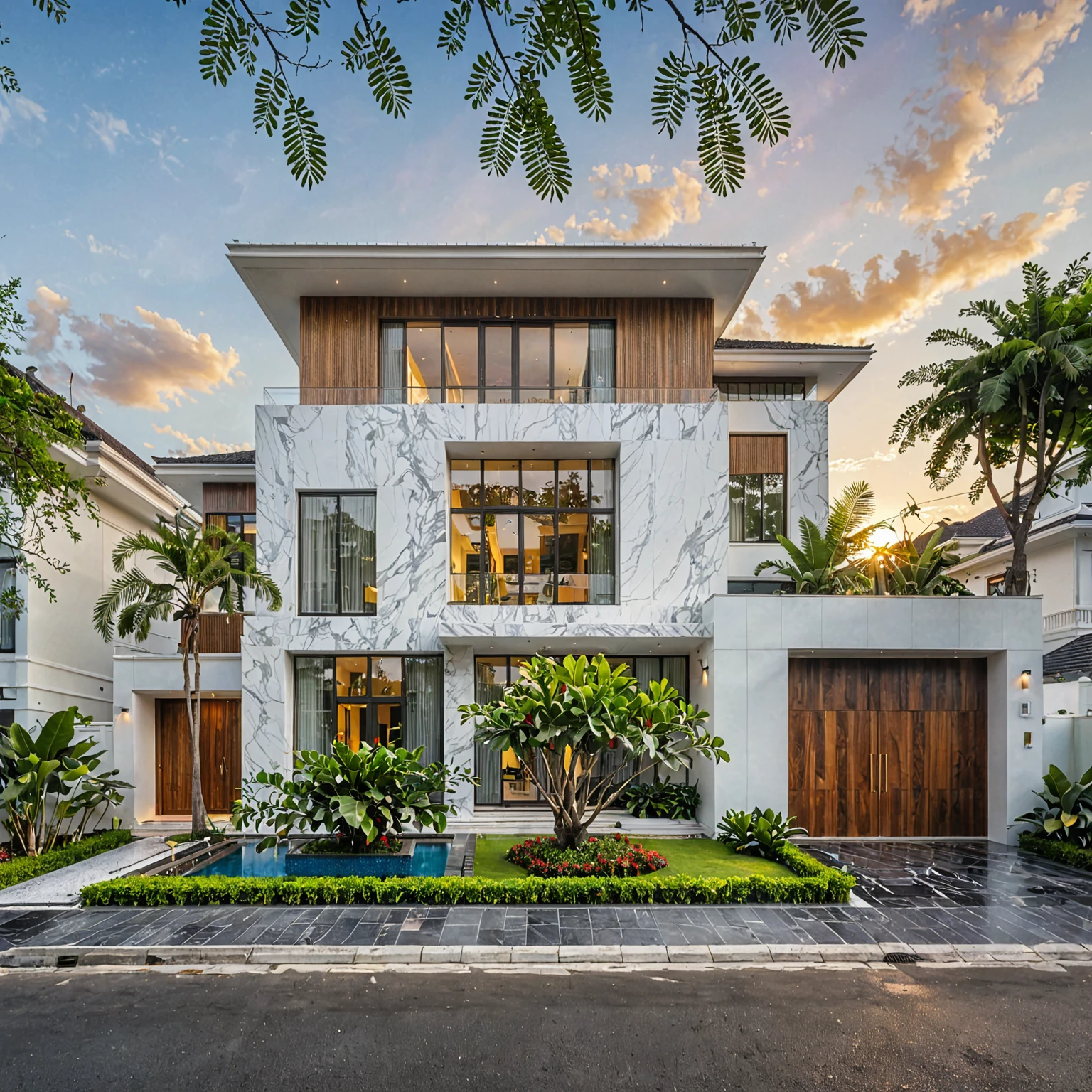 modern villa on street, (sunset), tropical tree, vivid colour, streetcapes, white tone, white wall, large glass door, (warm interior lighting:1.2), wood and marble, best quality, 18ArchiAI_VL-v1