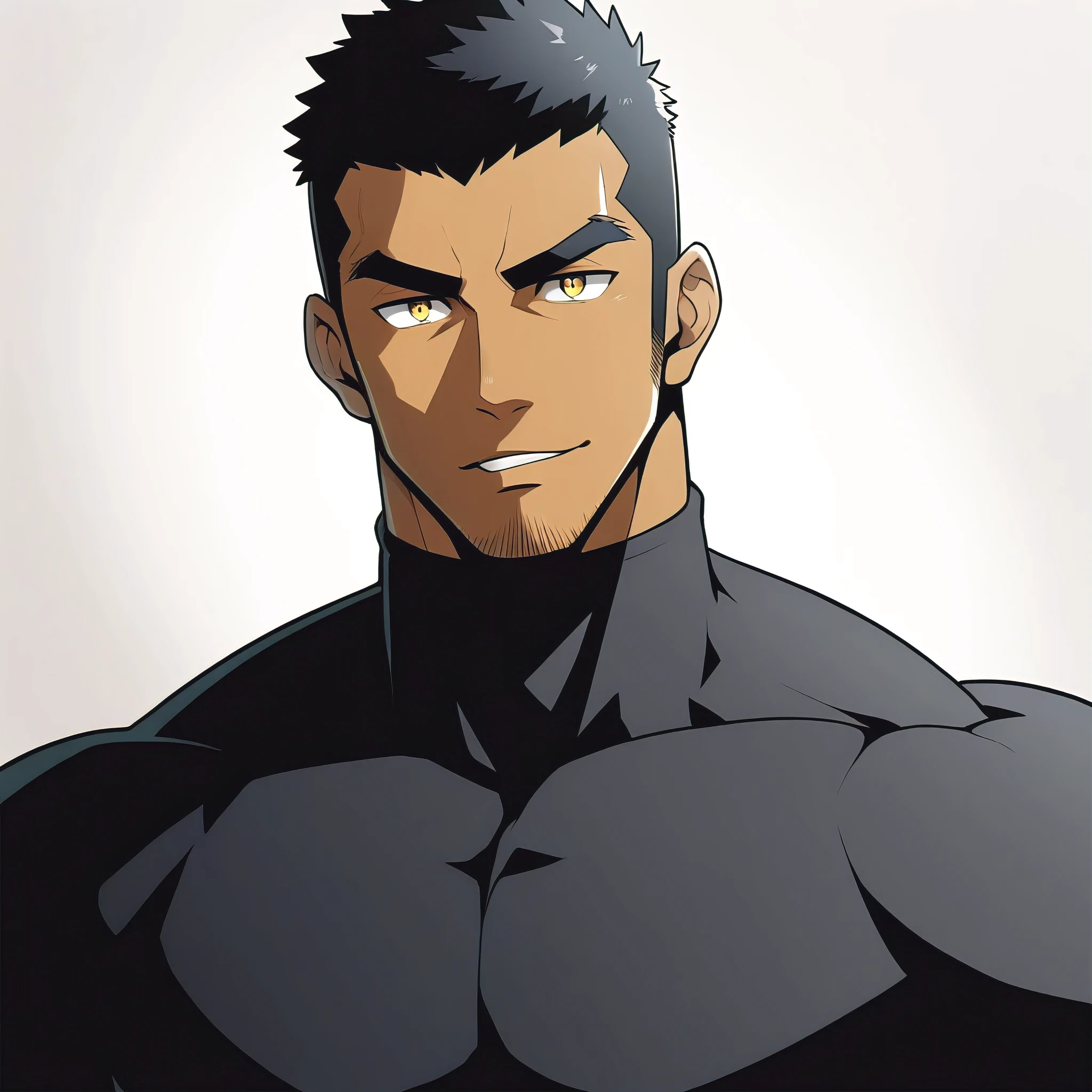 one negro, anime characters:Gyee, Hibino Kafka, Muscle Sports Student, negro black skin, Very Black, muscular tough guy, Manliness, male focus, Dark grey turtleneck tight T-shirt, Regular symmetrical pattern, Very tight, muscular male, muscular, only, Upper body, alone, Black short hair, Thick eyebrows, stubble, Yellow eyes, White background, simple background, amazing quality, best aesthetics, Ridiculous, bright pupils, crew cut, parted lips, seductive smile, torogao, naughty face, best quality