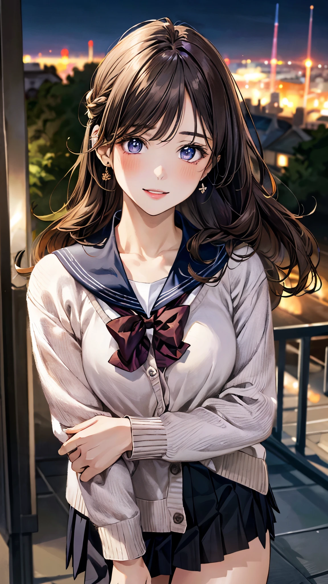 (masterpiece:1.3, top-quality, ultra high res, ultra detailed), (realistic, photorealistic:1.4), beautiful illustration, perfect lighting, natural lighting, colorful, depth of fields, ,
beautiful detailed hair, beautiful detailed face, beautiful detailed eyes, beautiful clavicle, beautiful body, beautiful chest, beautiful thigh, beautiful legs, beautiful fingers, shiny skin,
looking at viewer, 1 girl, high school girl, (perfect anatomy, anatomically correct, super detailed skin), cute and symmetrical face, face, perfect face, perfect eyes, ,
(long hair:1.5, half updo:1.2, sideburns:1.5, apricot hair), swept bangs, blue eyes, big eyes, long eye lasher, (medium breasts, seductive thighs), skin dendation,
detailed cloth texture, break, break, ((light purple cardigan:1.2)), break, break, ((private school uniform:1.2, dark brown sailor collar, dark brown pleated skirt)), break, break, dark red bow tie, break, black big hair ribbon,
(beautiful scenery), summer, night, (cityscape:1.2), walking, (lovely smile, upper eyes, parted lips),