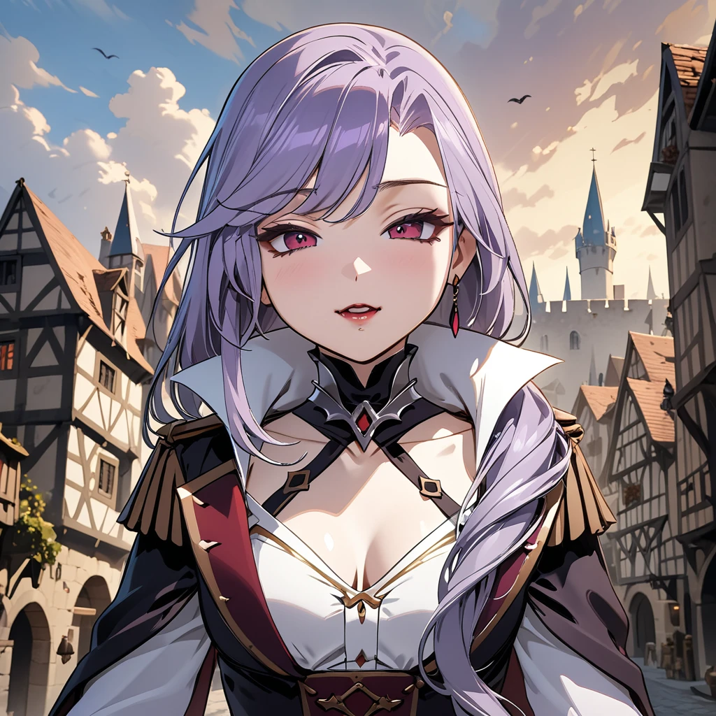(masterpiece, best quality:1.2), 1girl, solo, Sonata, purple hair, vampire, medieval city background