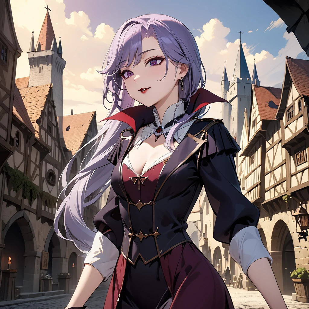 (masterpiece, best quality:1.2), 1girl, solo, Sonata, purple hair, vampire, medieval city background
