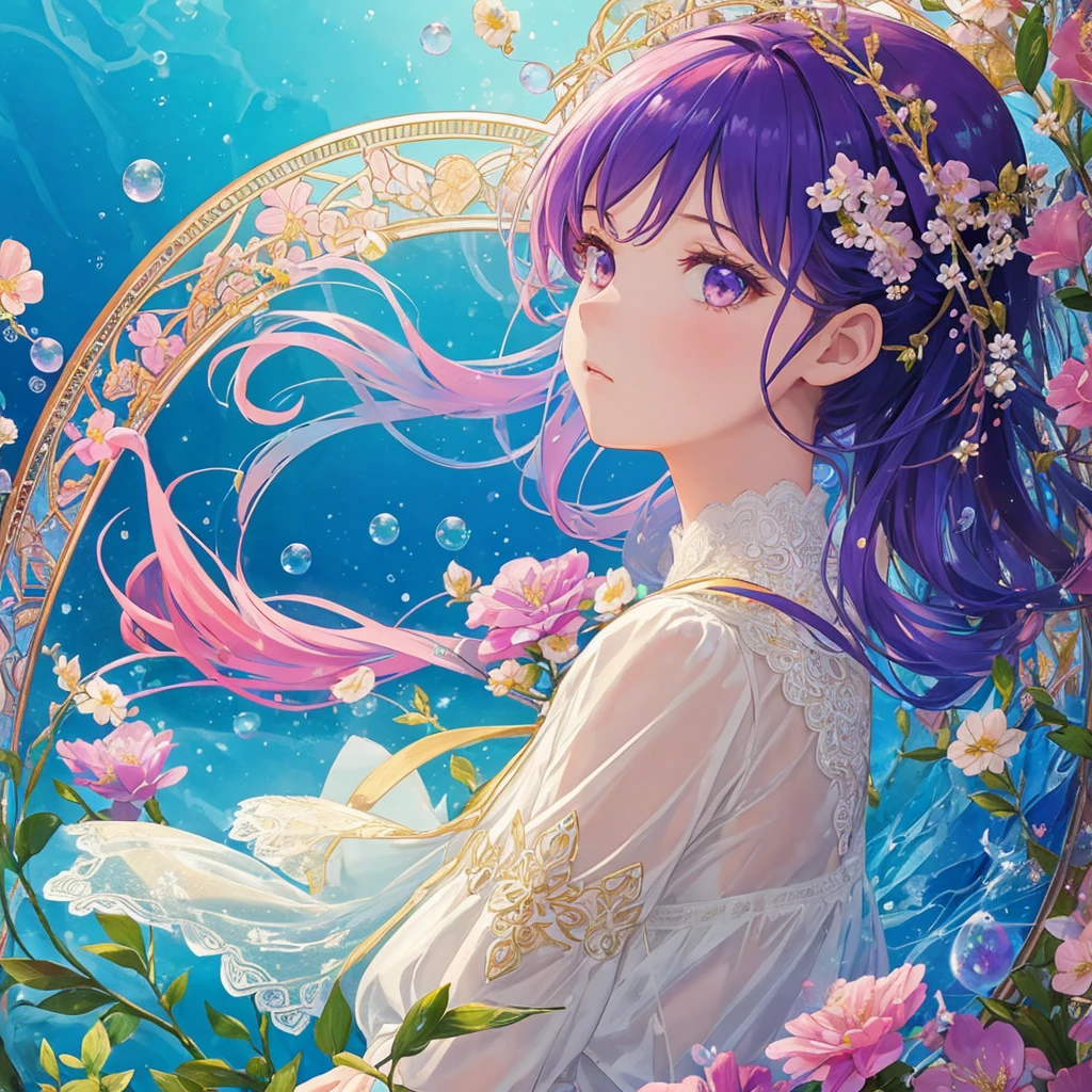 (((1 girl ))), masterpiece, highest quality, beautifully、aesthetic: 1.2, gem, Quality lace, Detailed frame, Flowers, water, A beautiful girl fits into the frame, Transparent and beautiful stained glass background, mosaic mura, rainbow hair, bubbles, profile