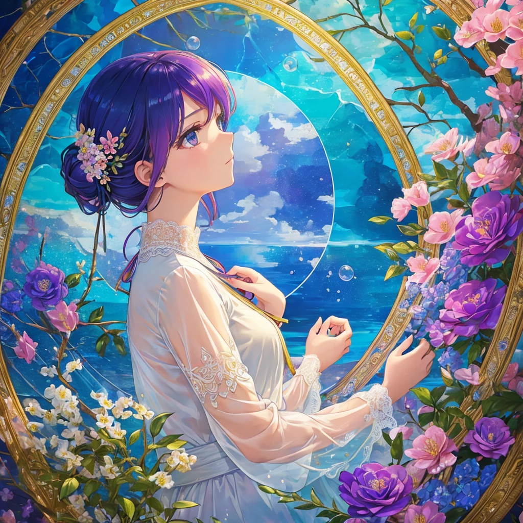 (((1 girl ))), masterpiece, highest quality, beautifully、aesthetic: 1.2, gem, Quality lace, Detailed frame, Flowers, water, A beautiful girl fits into the frame, Transparent and beautiful stained glass background, mosaic mura, rainbow hair, bubbles, profile