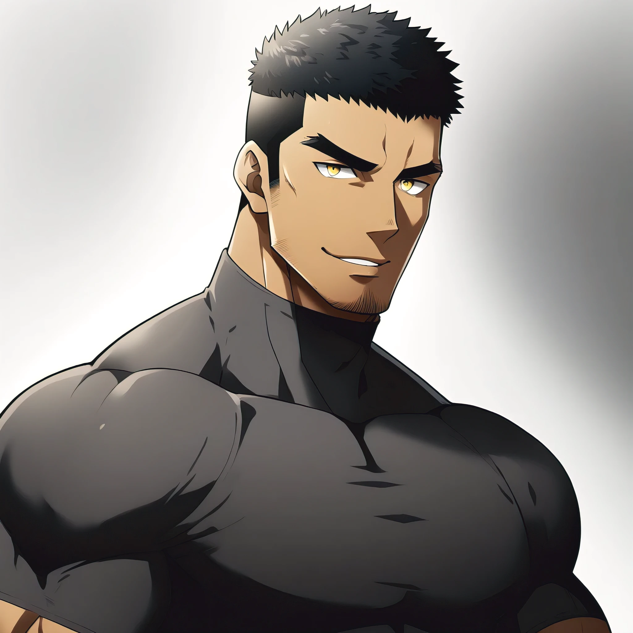 one negro, anime characters:Gyee, Hibino Kafka, Muscle Sports Student, negro black skin, Very Black, muscular tough guy, Manliness, male focus, Dark grey turtleneck tight T-shirt, Regular symmetrical pattern, Very tight, muscular male, muscular, only, Upper body, alone, Black short hair, Thick eyebrows, stubble, Yellow eyes, White background, simple background, amazing quality, best aesthetics, Ridiculous, bright pupils, crew cut, parted lips, seductive smile, torogao, naughty face, best quality