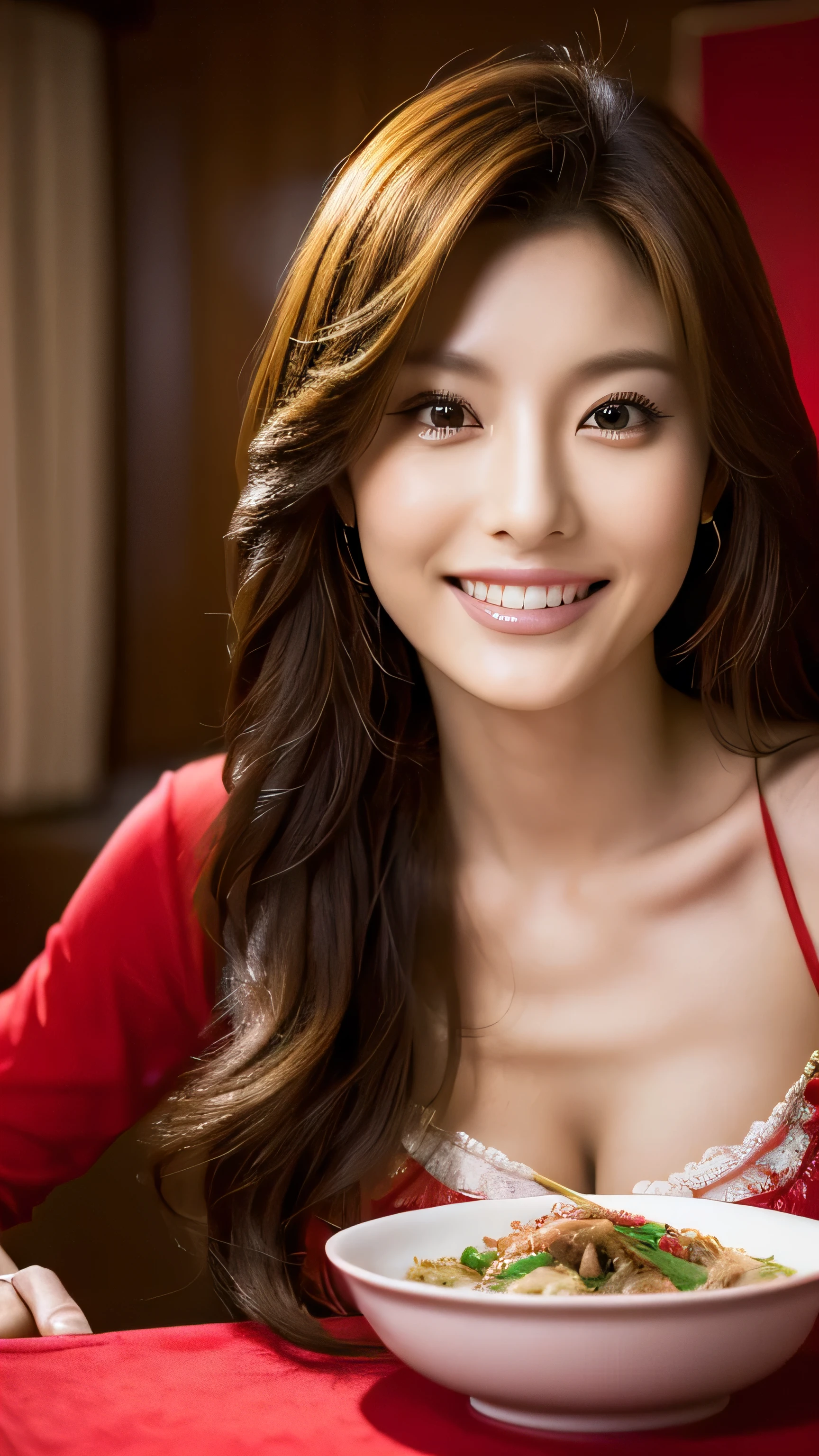 Woman enjoying Chinese food on a red turntable:1.5, Dynamic, cinematic photos,(Ultra Realistic, High resolution), (Highly detailed eyes, Highly detailed hair, highly Detailed face, Highly detailed plump lips，Perfect Anatomy),(Highest quality:1.4), RAW Photos, (Realistic, photo-Realistic:1.37), Professional photography, Cinematic Light, (Detailed face: 1.2),slim,(Famous Japanese actresses:1.2), smile