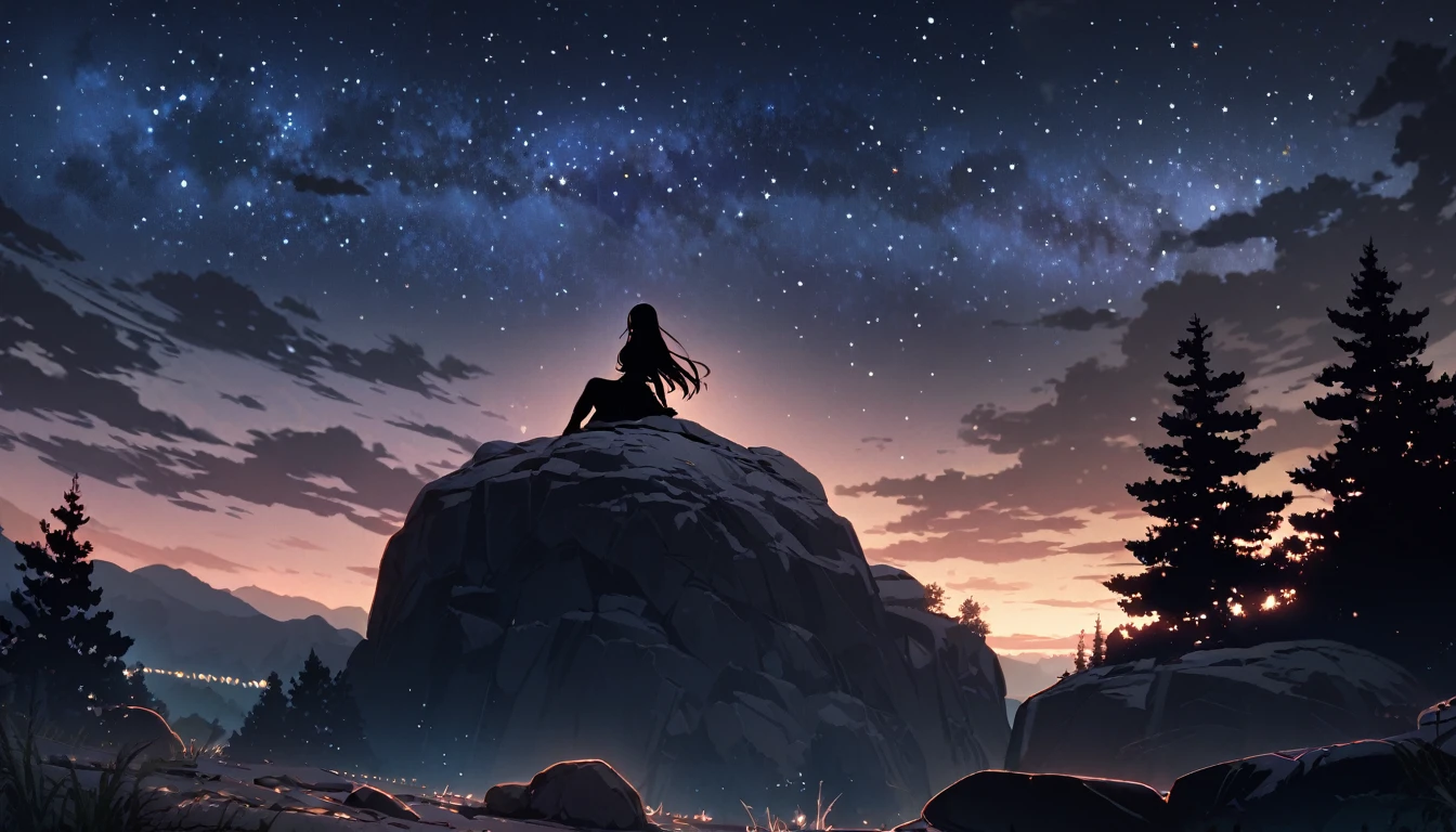 octans, sky, star (sky), scenery, starry sky, night, 1girl, night sky, solo, outdoors, building, cloud, milky way, sitting on a rock , tree, long hair, silhouette, sitting on a rock in the mountains with a beautiful view, Beautiful stars,Also have some clouds