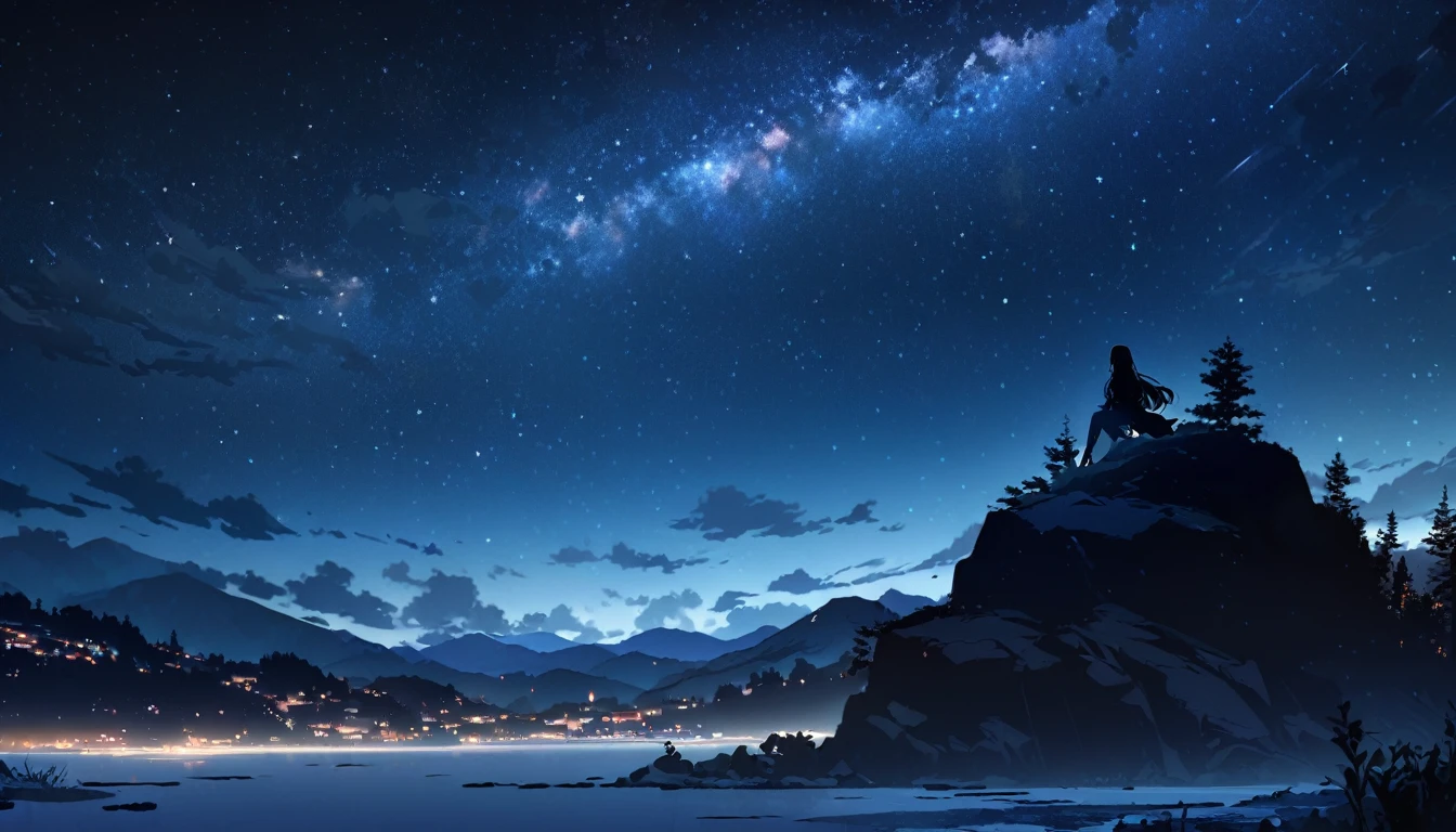octans, sky, star (sky), scenery, starry sky, night, 1girl, night sky, solo, outdoors, building, cloud, milky way, sitting on a rock , tree, long hair, silhouette, sitting on a rock in the mountains with a beautiful view, Beautiful stars,Also have some clouds
