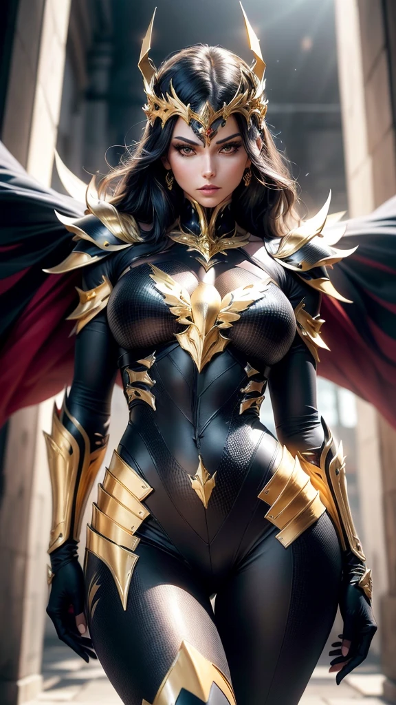 A woman adorned in fantasy-style full-body armor, a crown-concept fully enclosed helmet that unveils only her eyes, a composite layered chest plate, fully encompassing shoulder and hand guards, a lightweight waist armor, form-fitting shin guards, the overall design is heavy-duty yet flexible, (the armor gleams with a golden glow, complemented by red and blue accents), exhibiting a noble aura, she floats above a fantasy-surreal high-tech city, this character embodies a finely crafted fantasy-surreal style armored hero in anime style, exquisite and mature manga art style, (mixture of Queen bee and Spider concept Armor, plasma), ((Element, elegant, goddess, femminine:1.5)), metallic, high definition, best quality, highres, ultra-detailed, ultra-fine painting, extremely delicate, professional, anatomically correct, symmetrical face, extremely detailed eyes and face, high quality eyes, creativity, RAW photo, UHD, 32k, Natural light, cinematic lighting, masterpiece-anatomy-perfect, masterpiece:1.5