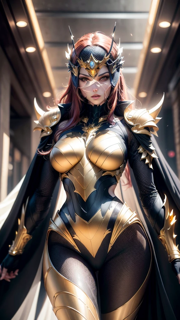 A woman adorned in fantasy-style full-body armor, a crown-concept fully enclosed helmet that unveils only her eyes, a composite layered chest plate, fully encompassing shoulder and hand guards, a lightweight waist armor, form-fitting shin guards, the overall design is heavy-duty yet flexible, (the armor gleams with a golden glow, complemented by red and blue accents), exhibiting a noble aura, she floats above a fantasy-surreal high-tech city, this character embodies a finely crafted fantasy-surreal style armored hero in anime style, exquisite and mature manga art style, (mixture of Queen bee and Spider concept Armor, plasma), ((Element, elegant, goddess, femminine:1.5)), metallic, high definition, best quality, highres, ultra-detailed, ultra-fine painting, extremely delicate, professional, anatomically correct, symmetrical face, extremely detailed eyes and face, high quality eyes, creativity, RAW photo, UHD, 32k, Natural light, cinematic lighting, masterpiece-anatomy-perfect, masterpiece:1.5