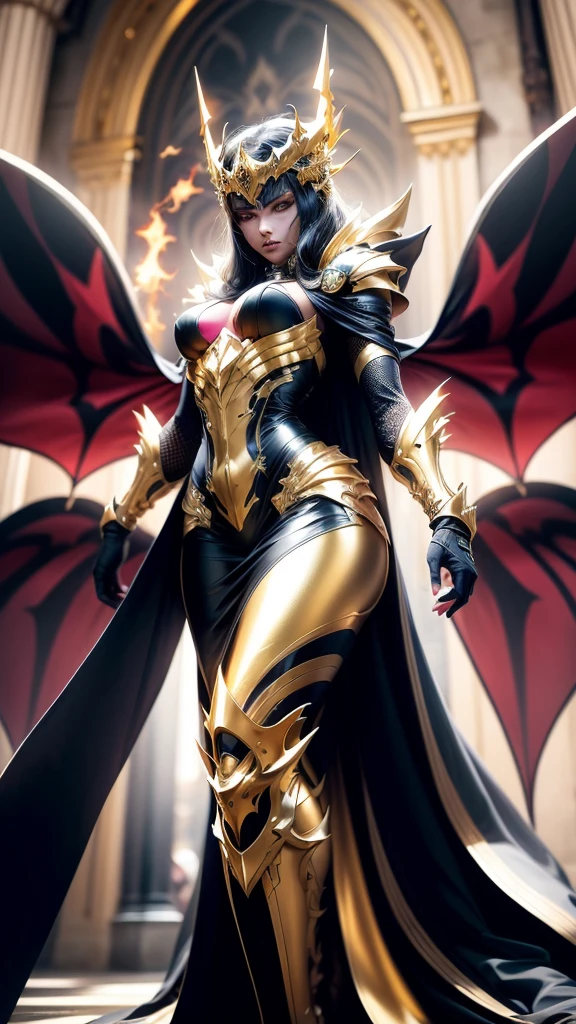 A woman adorned in fantasy-style full-body armor, a crown-concept fully enclosed helmet that unveils only her eyes, a composite layered chest plate, fully encompassing shoulder and hand guards, a lightweight waist armor, form-fitting shin guards, the overall design is heavy-duty yet flexible, (the armor gleams with a golden glow, complemented by red and blue accents), exhibiting a noble aura, she floats above a fantasy-surreal high-tech city, this character embodies a finely crafted fantasy-surreal style armored hero in anime style, exquisite and mature manga art style, (mixture of Queen bee and Spider concept Armor, plasma), ((Element, elegant, goddess, femminine:1.5)), metallic, high definition, best quality, highres, ultra-detailed, ultra-fine painting, extremely delicate, professional, anatomically correct, symmetrical face, extremely detailed eyes and face, high quality eyes, creativity, RAW photo, UHD, 32k, Natural light, cinematic lighting, masterpiece-anatomy-perfect, masterpiece:1.5