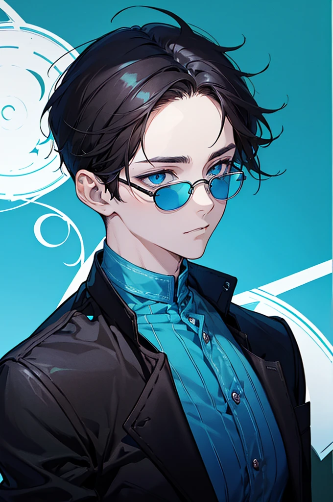 Boy, charming, Black hair with brown highlight, blue Aqua eyes, Wears Blue and white stripe polo shirt,wears Circle shape Glasses,black pierce on his left ear, flat green background